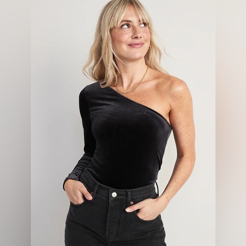 New One Shoulder Velvet Blouse Top L Charcoal Black NWT holiday new years